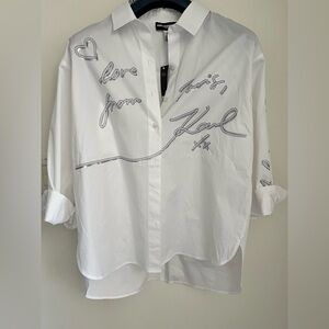 Karl Lagerfeld White Button Down Shirt with “Love from Paris,Karl”